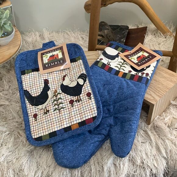 Vintage Warren Kimble Folk Art Style Hen & Rooster Oven Mitt & Hot Pad - Picture 1 of 17